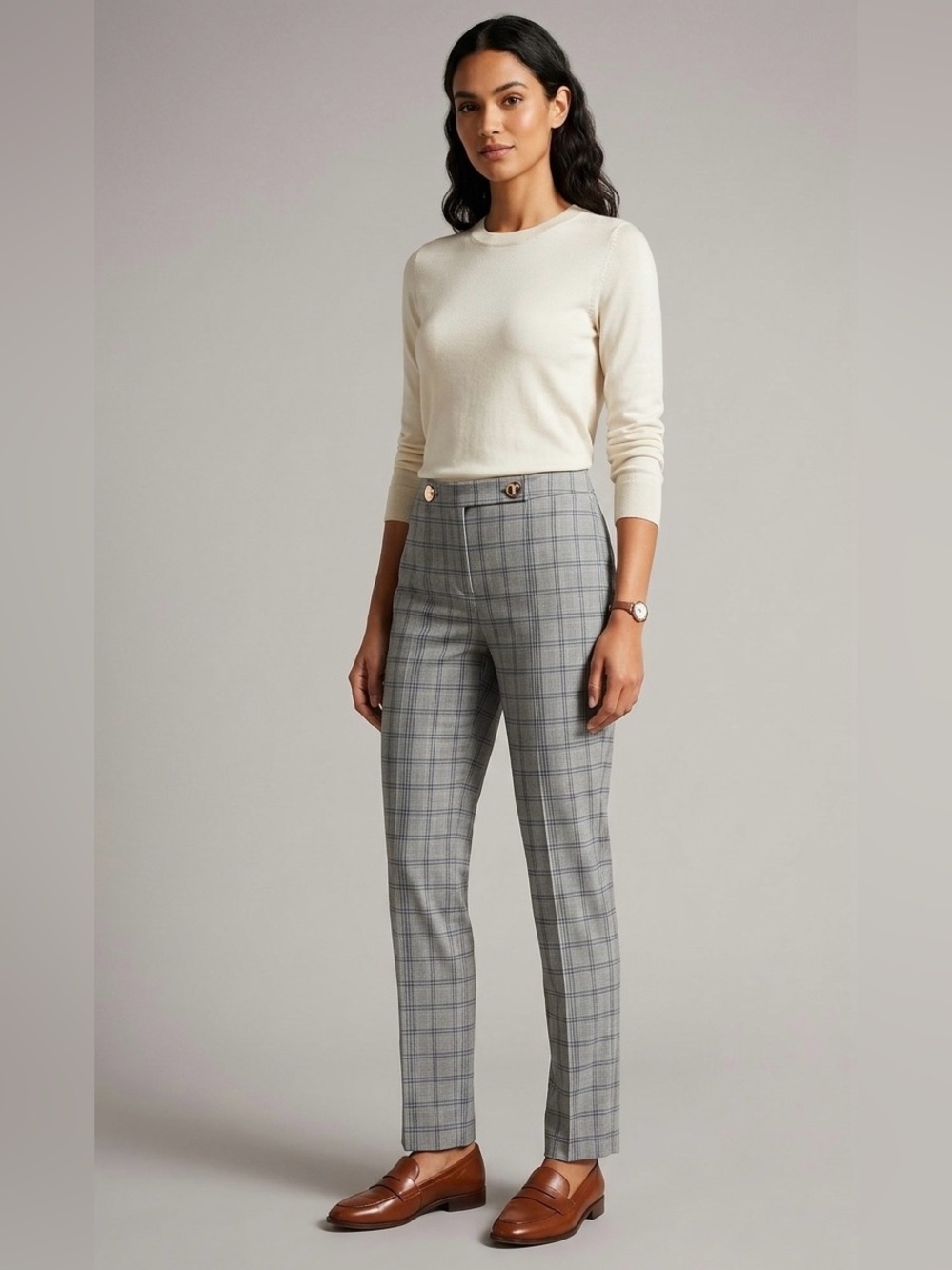 Ted Baker Gray Plaid Tailored Ankle Trousers with Rose Gold Hardware - Size S